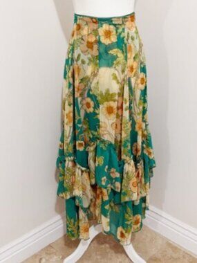 Amber Sky Emerald Green Floral Chiffon Maxi Skirt Size XS NWOT